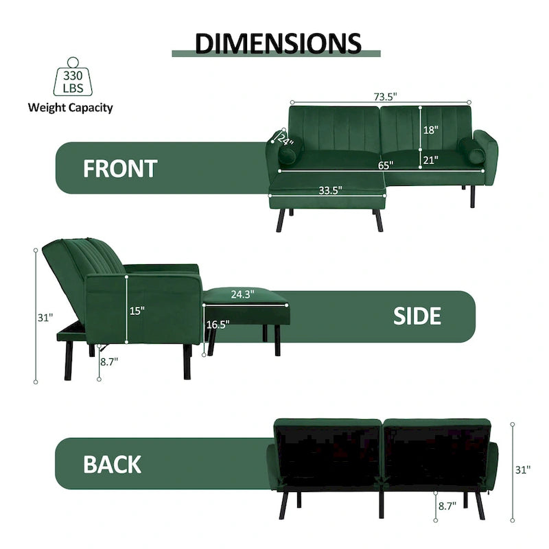 L-Shaped Velvet Sectional Sofa Couch, Convertible Futon Sleeper with Split Back Design Recliner for Compact Living - 2-Person