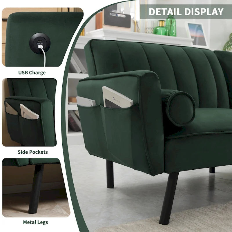 L-Shaped Velvet Sectional Sofa Couch, Convertible Futon Sleeper with Split Back Design Recliner for Compact Living - 2-Person