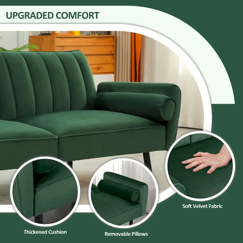 L-Shaped Velvet Sectional Sofa Couch, Convertible Futon Sleeper with Split Back Design Recliner for Compact Living - 2-Person