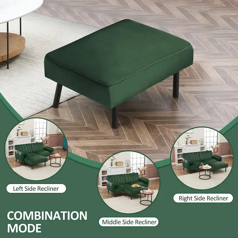 L-Shaped Velvet Sectional Sofa Couch, Convertible Futon Sleeper with Split Back Design Recliner for Compact Living - 2-Person