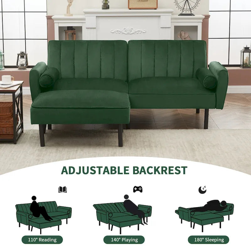L-Shaped Velvet Sectional Sofa Couch, Convertible Futon Sleeper with Split Back Design Recliner for Compact Living - 2-Person