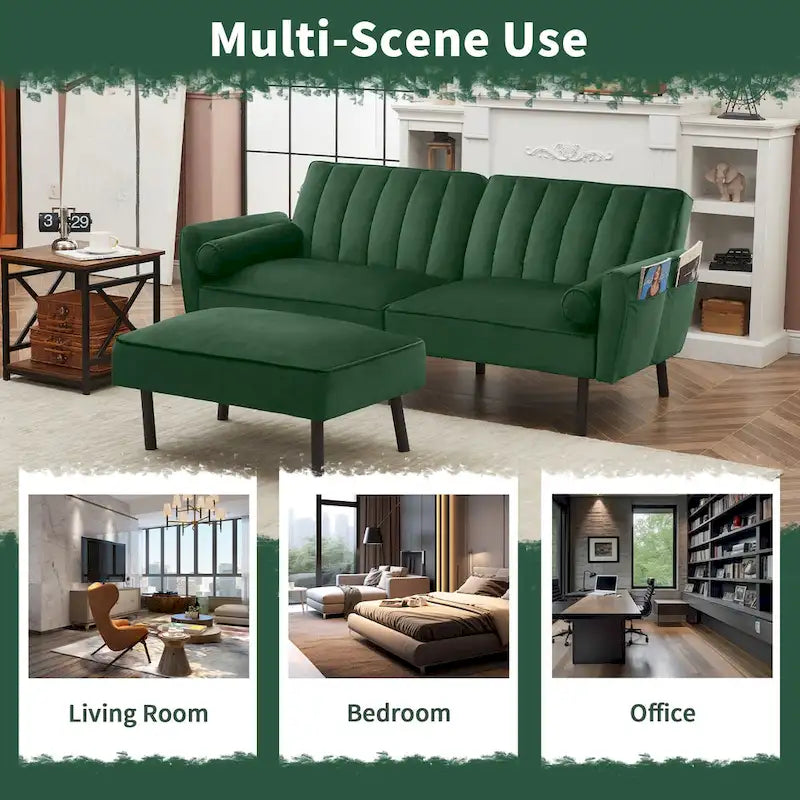 L-Shaped Velvet Sectional Sofa Couch, Convertible Futon Sleeper with Split Back Design Recliner for Compact Living - 2-Person