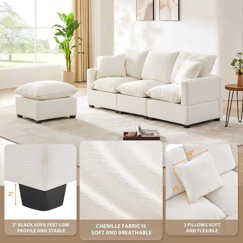 84*57 Modern Modular Sofa, 4 Seat Chenille Sectional Couch Set with 2 Pillows Included, Freely Combinable Indoor Funiture