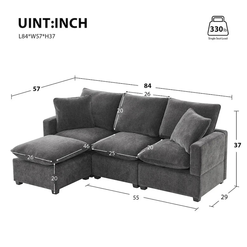 84*57 Modern Modular Sofa, 4 Seat Chenille Sectional Couch Set with 2 Pillows Included, Freely Combinable Indoor Funiture