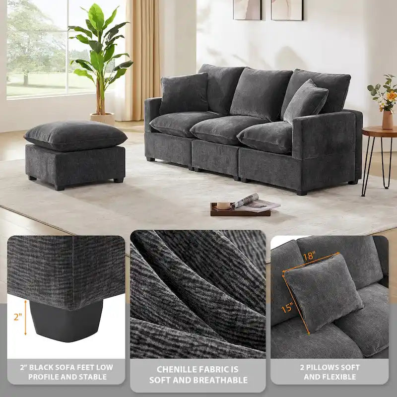 84*57 Modern Modular Sofa, 4 Seat Chenille Sectional Couch Set with 2 Pillows Included, Freely Combinable Indoor Funiture