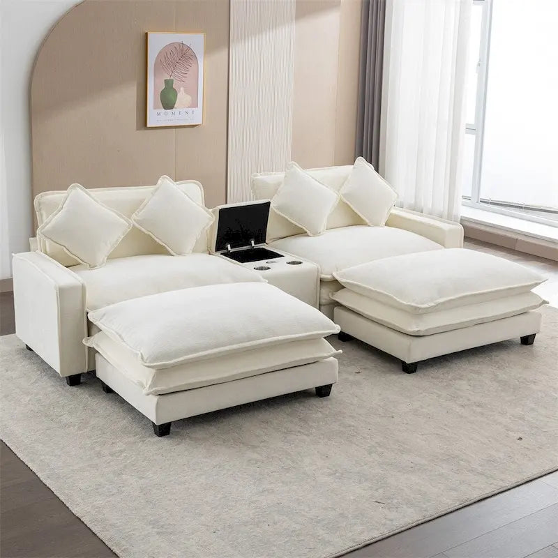 112.6 Canapé d'angle capitonné en chenille avec deux poufs amovibles