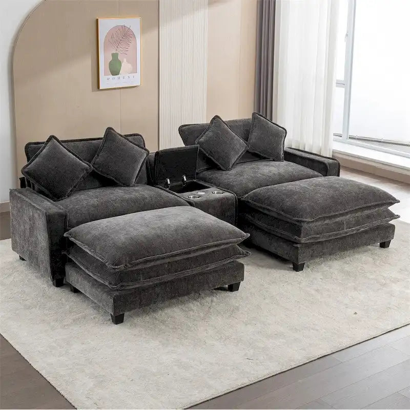 112.6 Canapé d'angle capitonné en chenille avec deux poufs amovibles