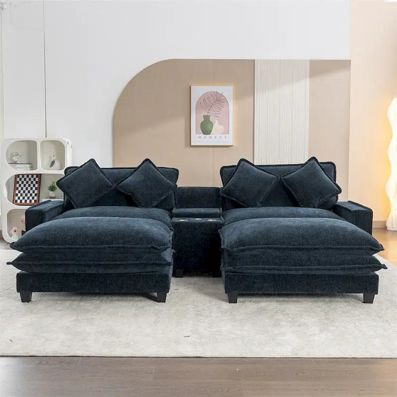 112.6 Canapé d'angle capitonné en chenille avec deux poufs amovibles