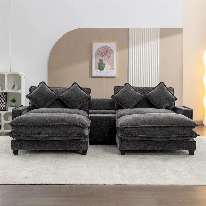 112.6 Canapé d'angle capitonné en chenille avec deux poufs amovibles
