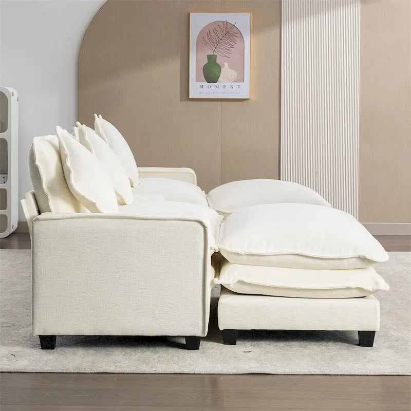 112.6 Canapé d'angle capitonné en chenille avec deux poufs amovibles