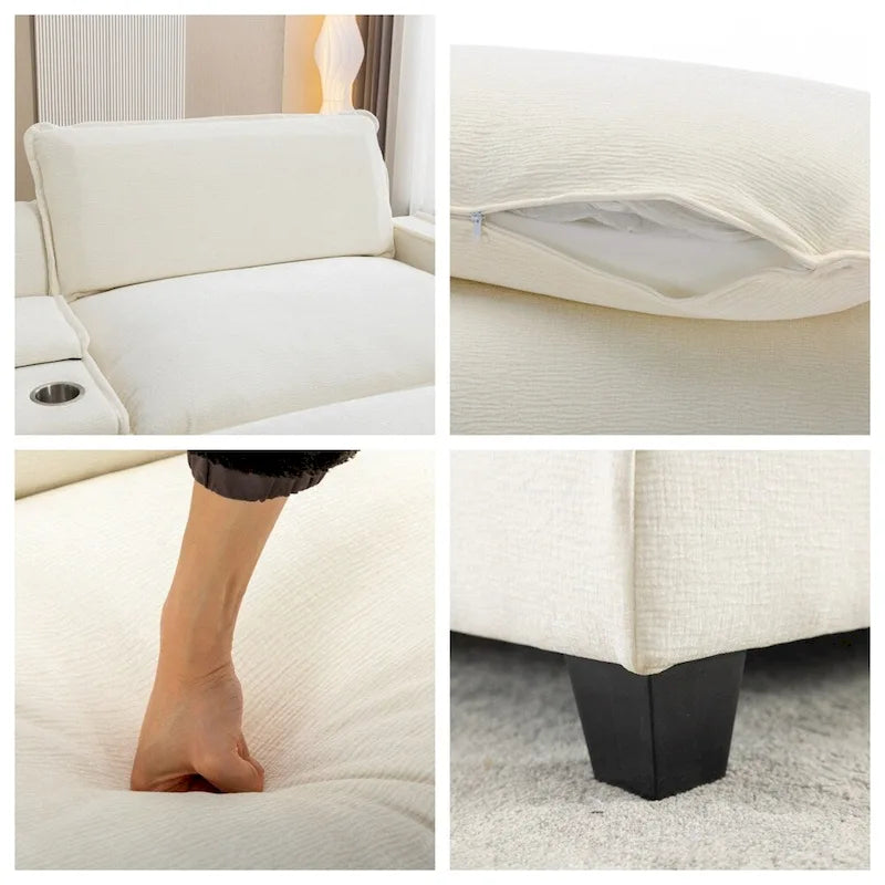 112.6 Canapé d'angle capitonné en chenille avec deux poufs amovibles