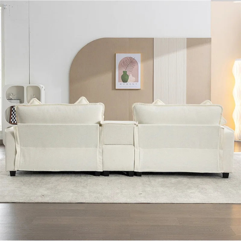 112.6 Canapé d'angle capitonné en chenille avec deux poufs amovibles