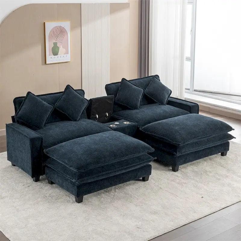 112.6 Canapé d'angle capitonné en chenille avec deux poufs amovibles