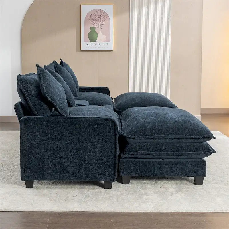 112.6 Canapé d'angle capitonné en chenille avec deux poufs amovibles