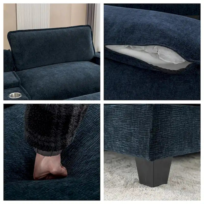 112.6 Canapé d'angle capitonné en chenille avec deux poufs amovibles