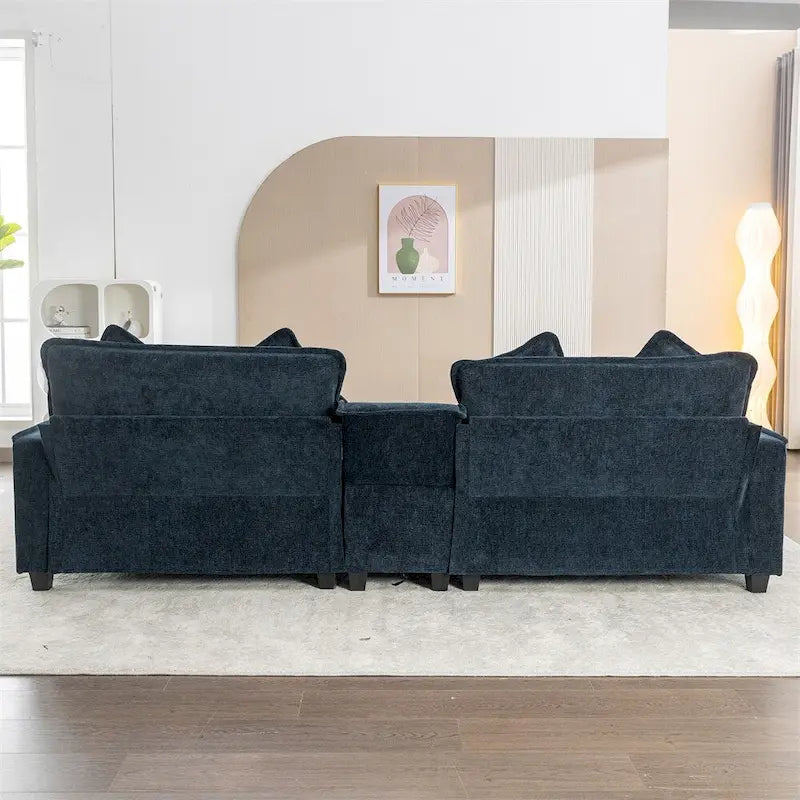 112.6 Canapé d'angle capitonné en chenille avec deux poufs amovibles