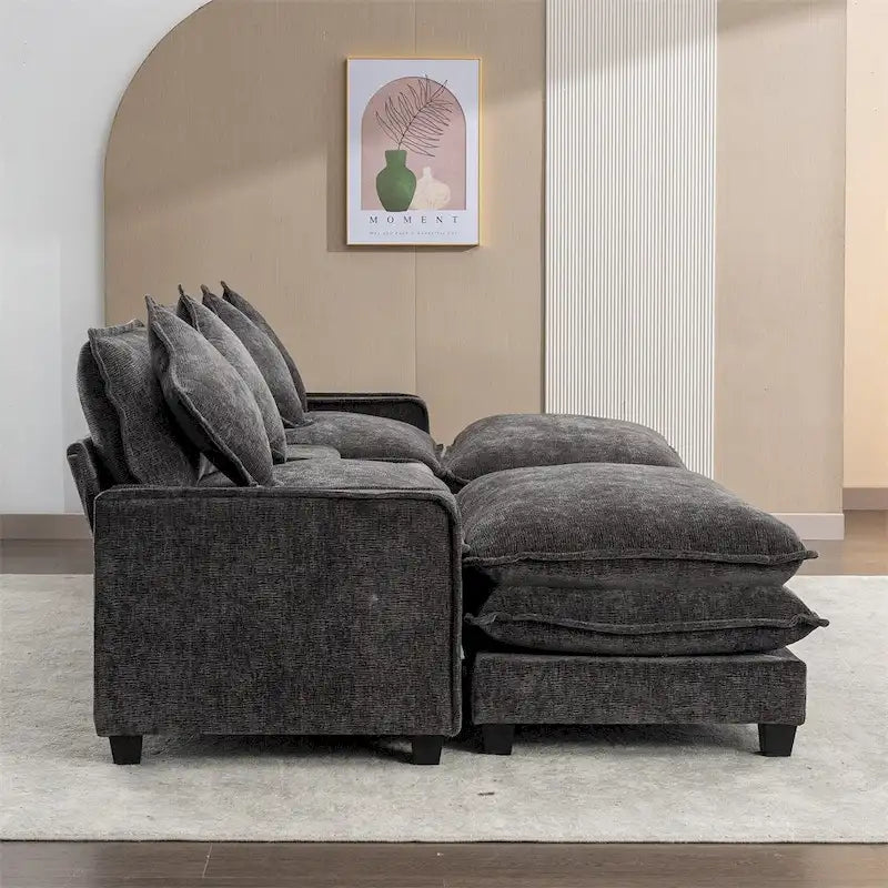112.6 Canapé d'angle capitonné en chenille avec deux poufs amovibles