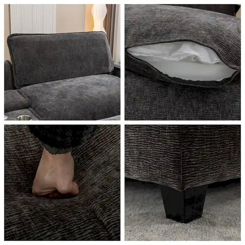 112.6 Canapé d'angle capitonné en chenille avec deux poufs amovibles