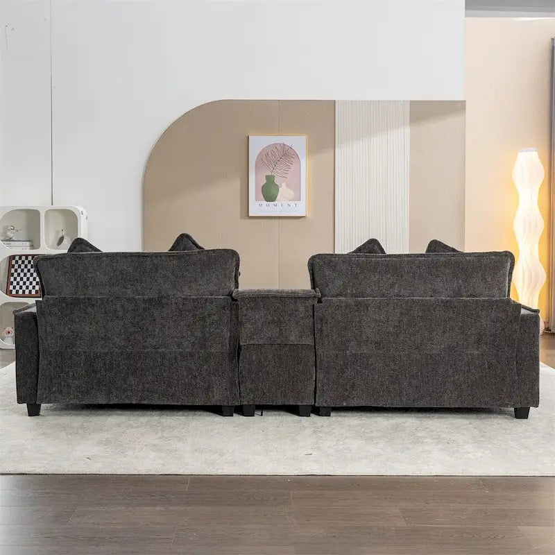 112.6 Canapé d'angle capitonné en chenille avec deux poufs amovibles