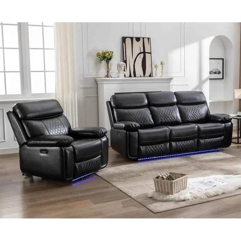 Power Reclining Sofa with Wireless Charger,Reading Light,LED Light for Living Room,Faux Leather,AC/USB Port,Cup Holder,Black