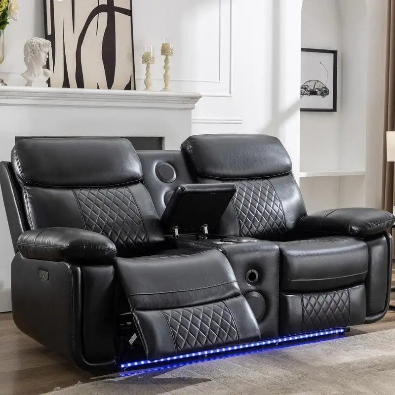 Power Reclining Sofa with Wireless Charger,Reading Light,LED Light for Living Room,Faux Leather,AC/USB Port,Cup Holder,Black