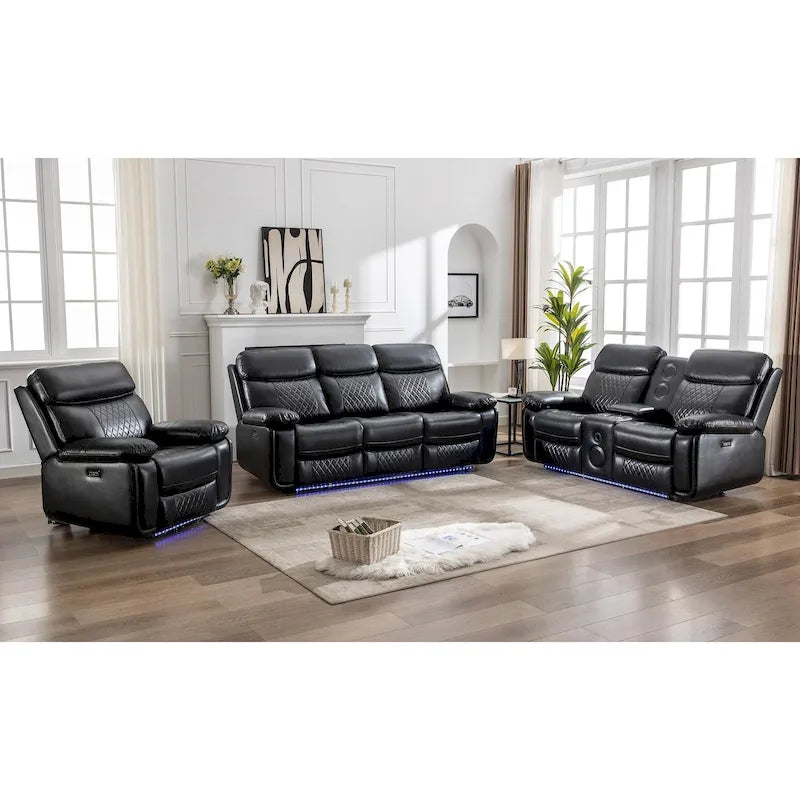 Power Reclining Sofa with Wireless Charger,Reading Light,LED Light for Living Room,Faux Leather,AC/USB Port,Cup Holder,Black