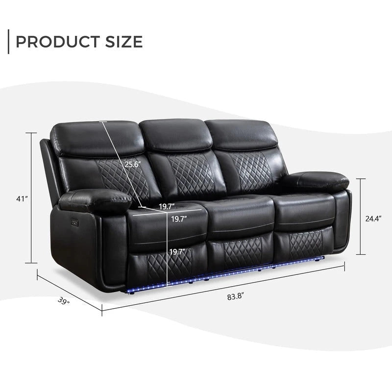 Power Reclining Sofa with Wireless Charger,Reading Light,LED Light for Living Room,Faux Leather,AC/USB Port,Cup Holder,Black