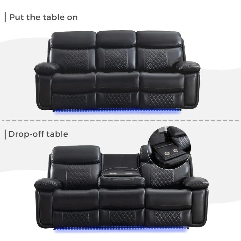 Power Reclining Sofa with Wireless Charger,Reading Light,LED Light for Living Room,Faux Leather,AC/USB Port,Cup Holder,Black