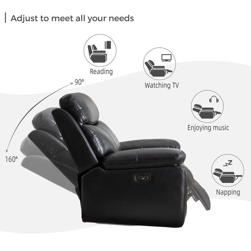 Power Reclining Sofa with Wireless Charger,Reading Light,LED Light for Living Room,Faux Leather,AC/USB Port,Cup Holder,Black