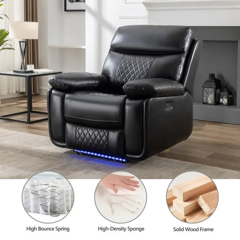 Power Reclining Sofa with Wireless Charger,Reading Light,LED Light for Living Room,Faux Leather,AC/USB Port,Cup Holder,Black