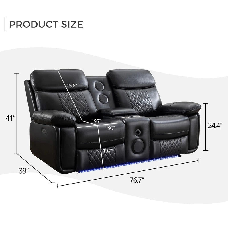 Power Reclining Sofa with Wireless Charger,Reading Light,LED Light for Living Room,Faux Leather,AC/USB Port,Cup Holder,Black