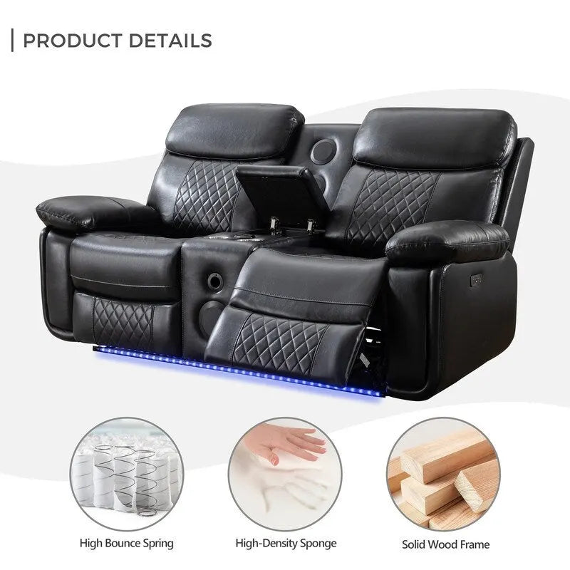 Power Reclining Sofa with Wireless Charger,Reading Light,LED Light for Living Room,Faux Leather,AC/USB Port,Cup Holder,Black