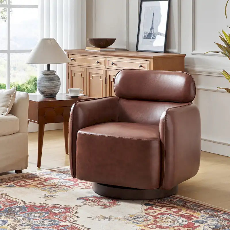 Raphael Modern Swivel Genuine Leather Barrel Chair