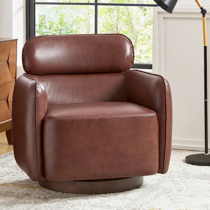 Raphael Modern Swivel Genuine Leather Barrel Chair