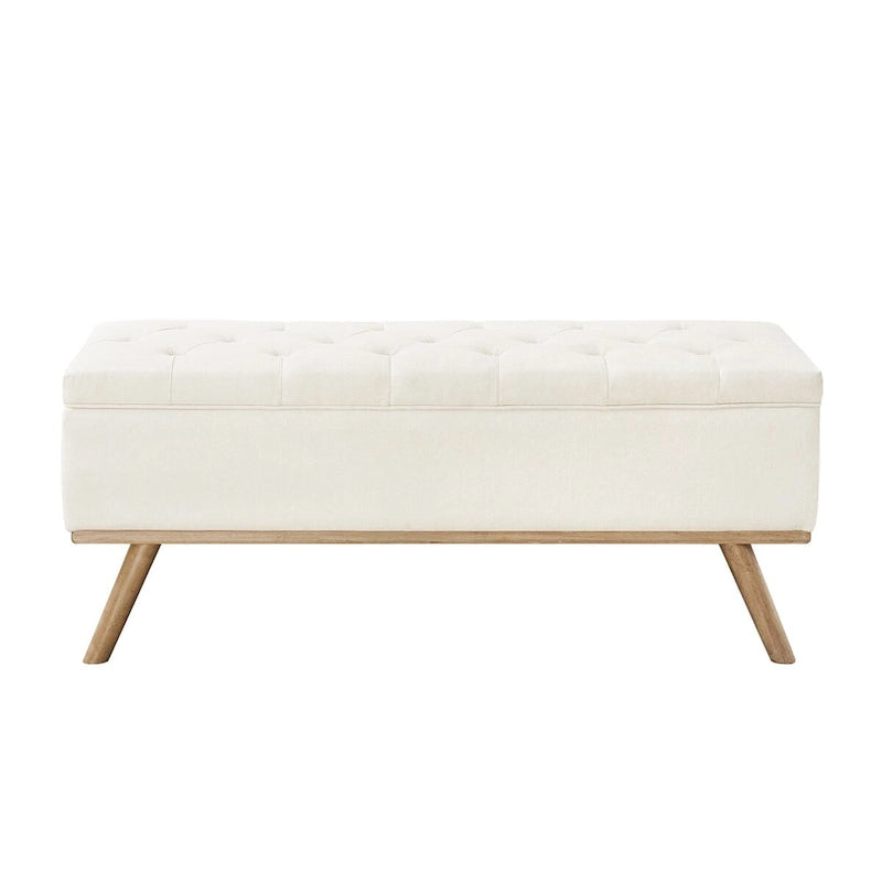 LUE BONA Mid-Century Modern Upholstered Storage Ottoman Button Tufted Fabric Storage Bench with Linen Seat