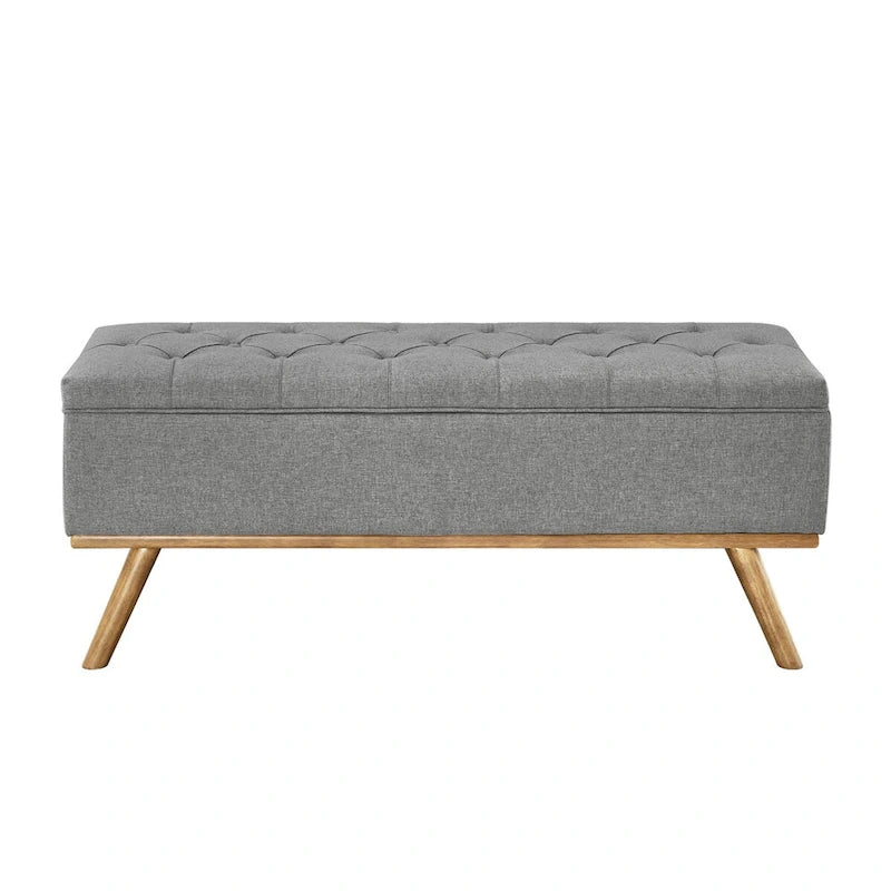 LUE BONA Mid-Century Modern Upholstered Storage Ottoman Button Tufted Fabric Storage Bench with Linen Seat