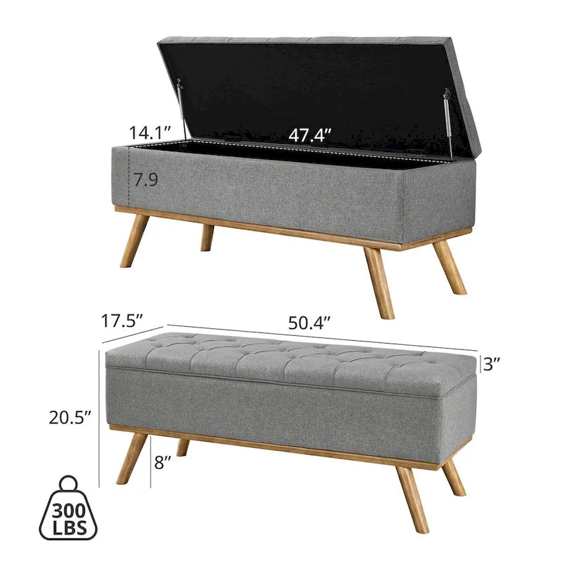 LUE BONA Mid-Century Modern Upholstered Storage Ottoman Button Tufted Fabric Storage Bench with Linen Seat