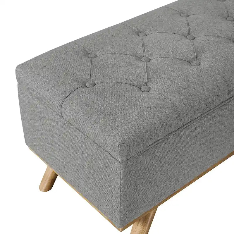 LUE BONA Mid-Century Modern Upholstered Storage Ottoman Button Tufted Fabric Storage Bench with Linen Seat