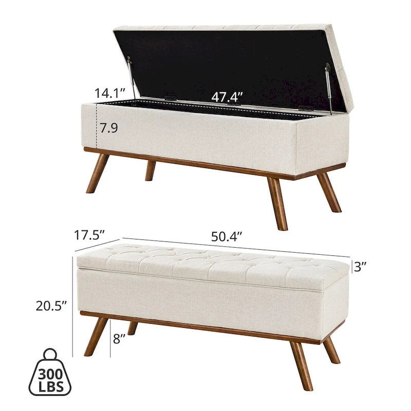 LUE BONA Mid-Century Modern Upholstered Storage Ottoman Button Tufted Fabric Storage Bench with Linen Seat