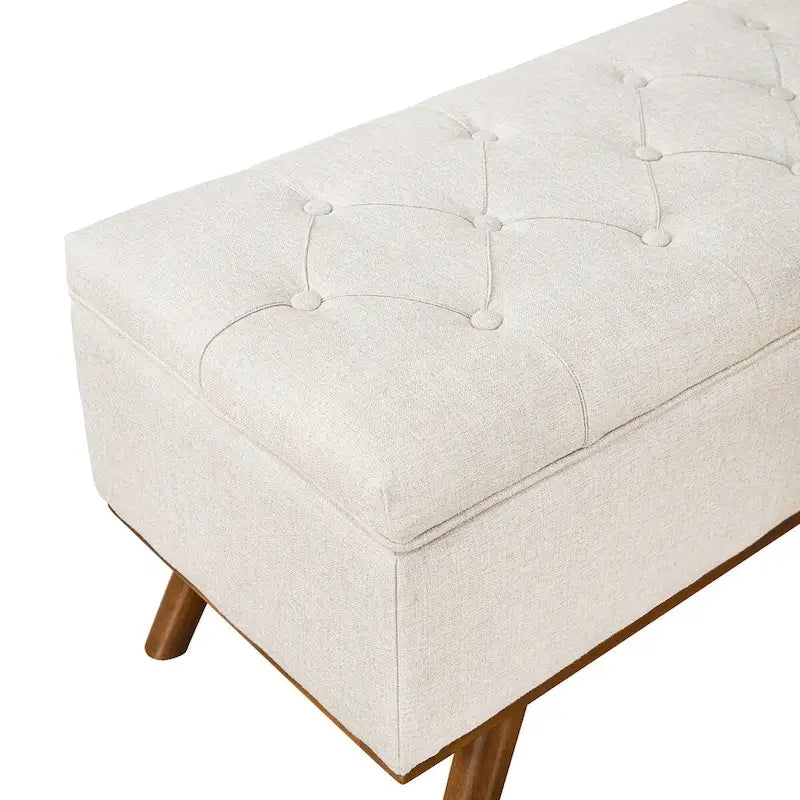 LUE BONA Mid-Century Modern Upholstered Storage Ottoman Button Tufted Fabric Storage Bench with Linen Seat