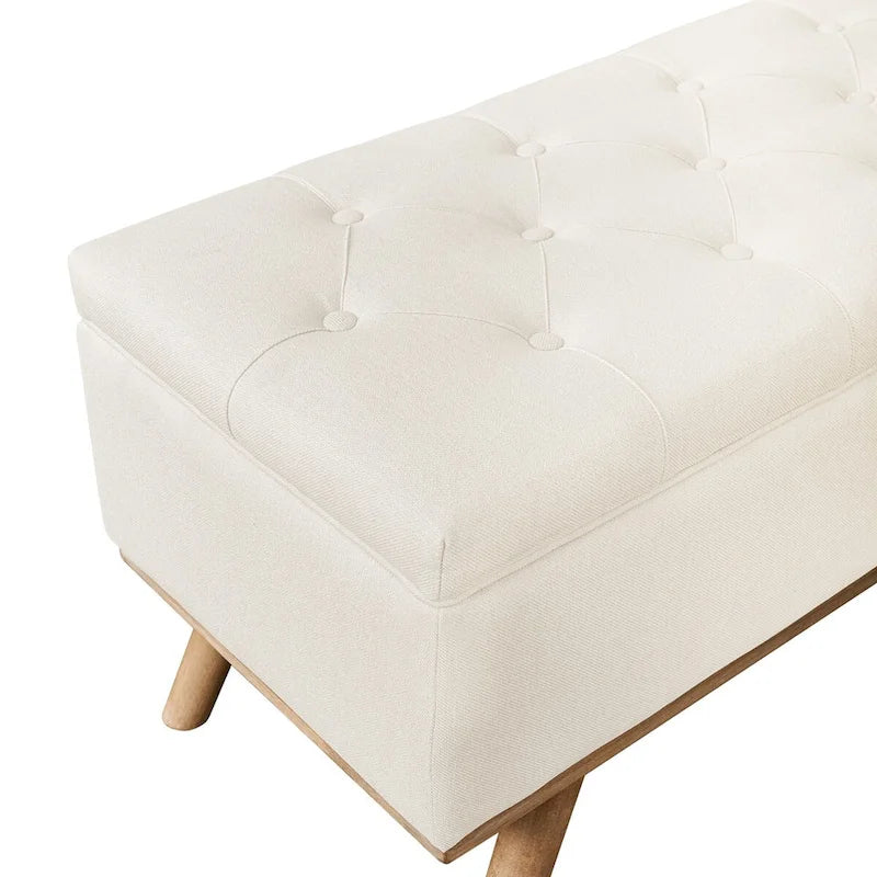 LUE BONA Mid-Century Modern Upholstered Storage Ottoman Button Tufted Fabric Storage Bench with Linen Seat