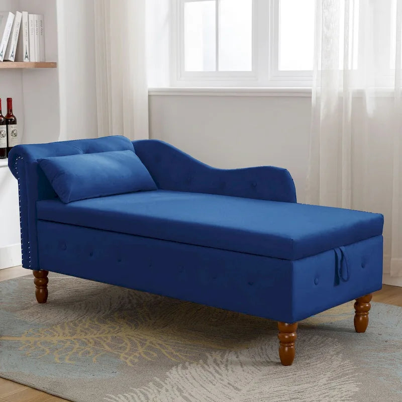Chaise Lounge Indoor,Velvet Lounge Chair for Bedroom with Storage & Pillow,Modern Upholstered Rolled Arm Chase Lounge