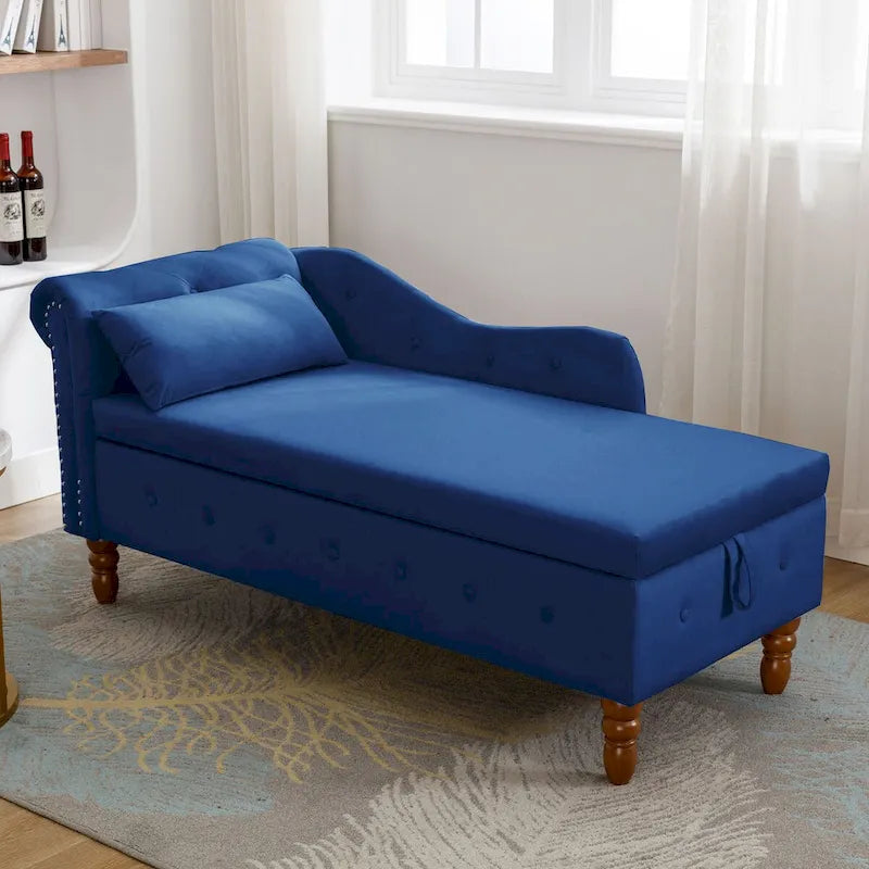 Chaise Lounge Indoor,Velvet Lounge Chair for Bedroom with Storage & Pillow,Modern Upholstered Rolled Arm Chase Lounge