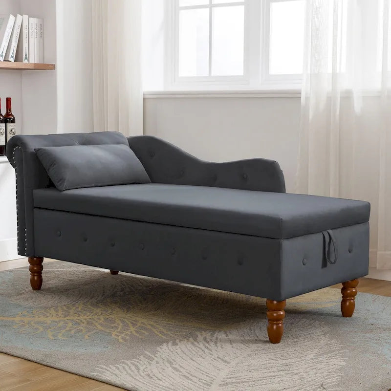 Chaise Lounge Indoor,Velvet Lounge Chair for Bedroom with Storage & Pillow,Modern Upholstered Rolled Arm Chase Lounge