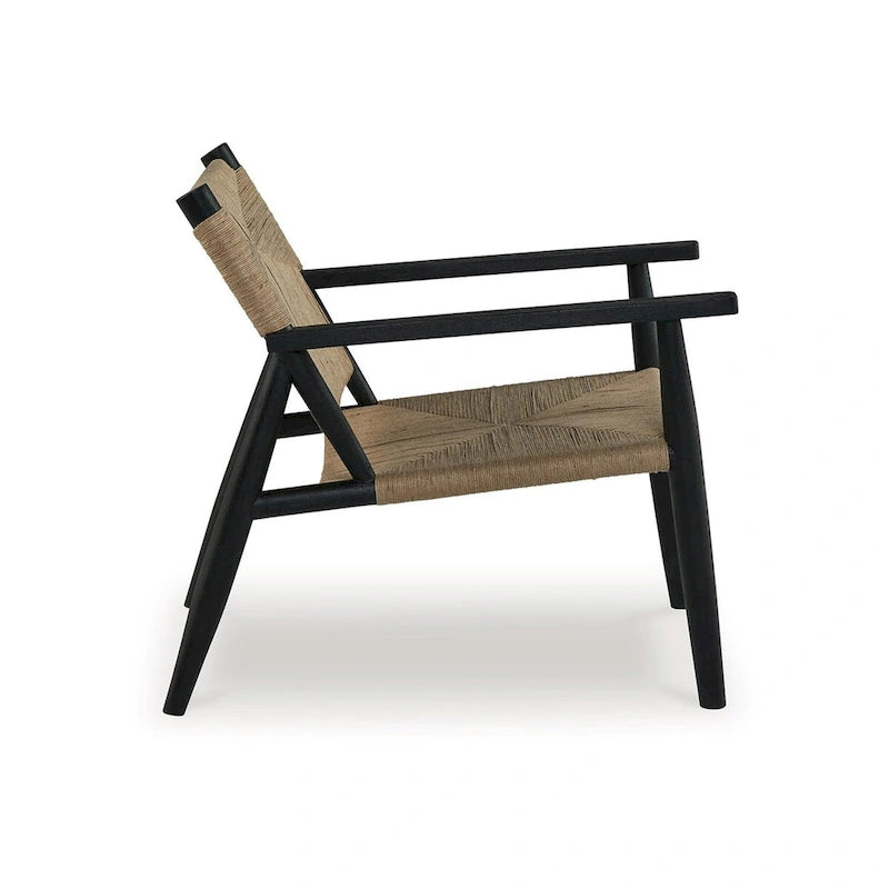 Accent Chair, Natural Brown Jute, Curved Seat, Modern Black Wood Frame