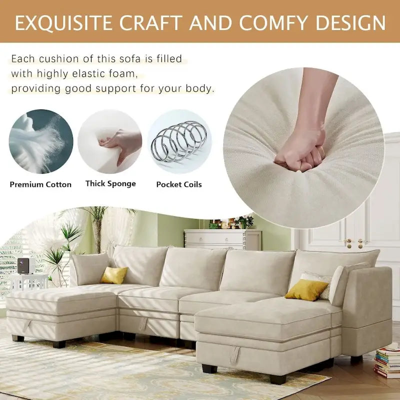 Modern Large U-Shape Modular Sectional Sofa, Convertible Sofa Bed with Reversible Chaise for Living Room, Storage Seat
