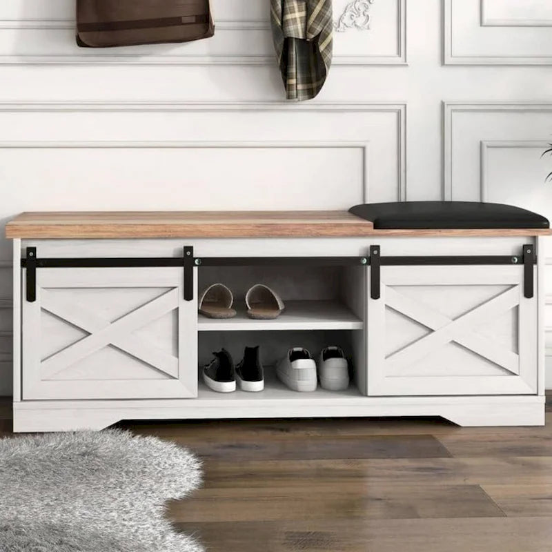 Entryway Storage Shoe Bench with Leather Cushion