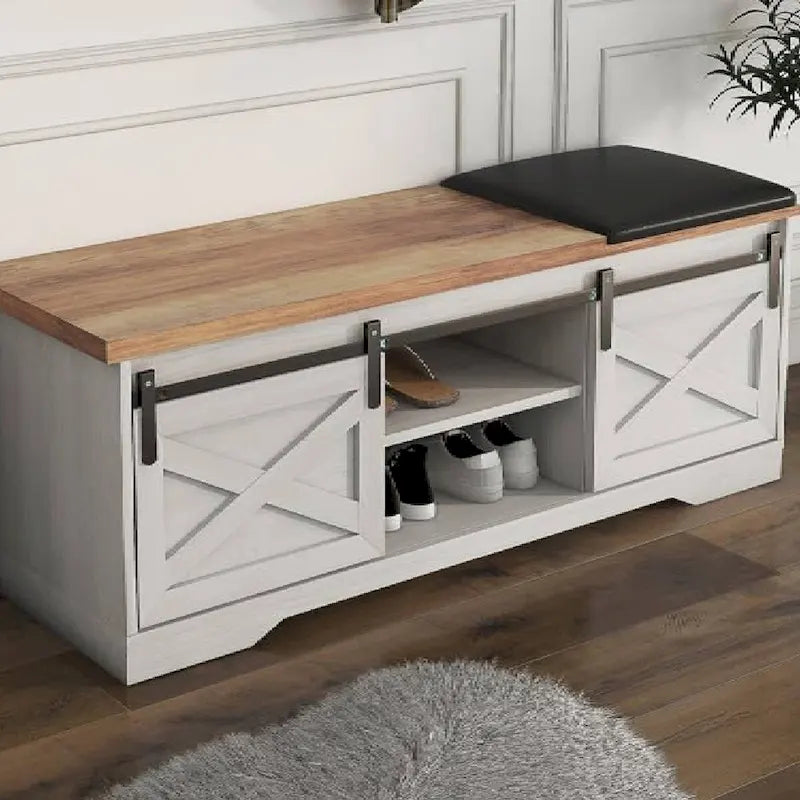 Entryway Storage Shoe Bench with Leather Cushion