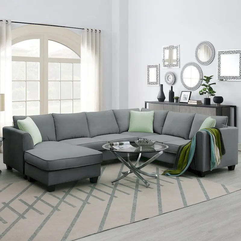 112*87  Sectional Sofa Couche Living Room Sets,7 Seats Sectional Sofa with Ottoman, L Shape Sofa Corner Couch Set with 3 Pillows