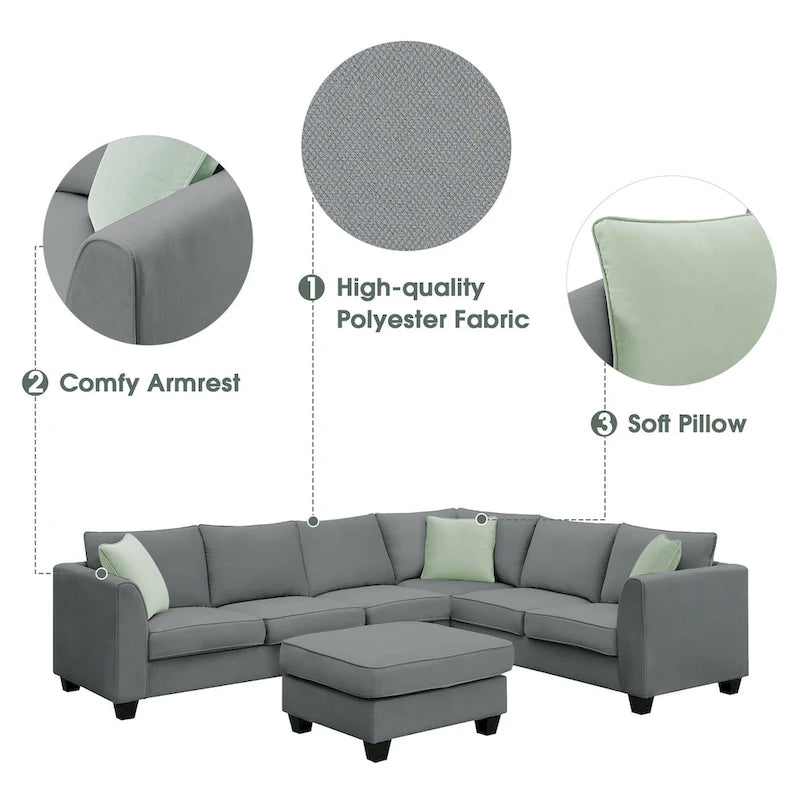 112*87  Sectional Sofa Couche Living Room Sets,7 Seats Sectional Sofa with Ottoman, L Shape Sofa Corner Couch Set with 3 Pillows